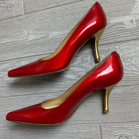 💚 St. John Red & Gold Pointed Pump Heels 6M - Picture 2 of 12